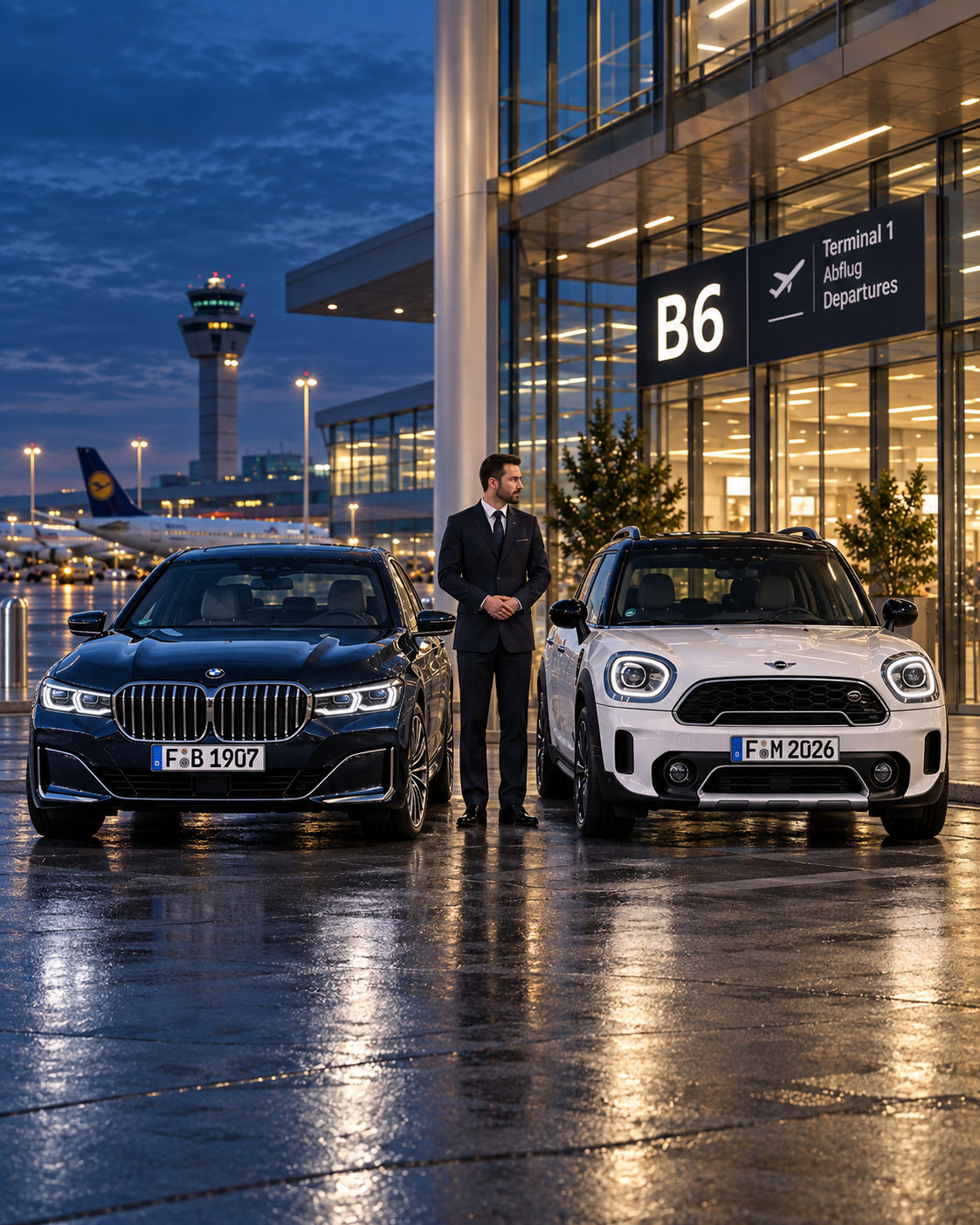 BMW 7er und MINI Countryman mit AEROTRX Fahrer am Terminal 1, Tor B6